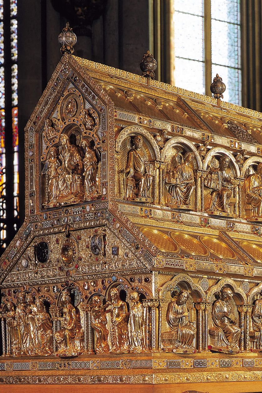 The golden embellished Shrine of the Three Kings in Cologne Cathedral.