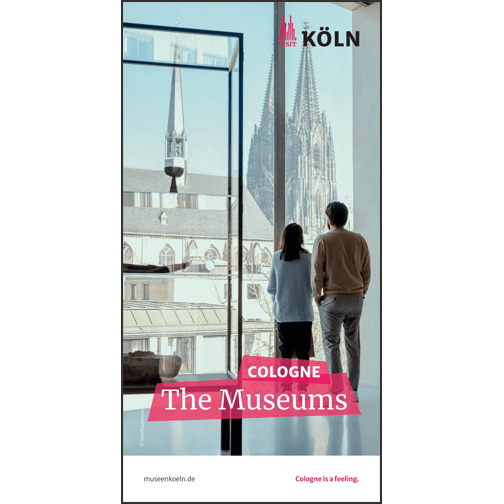 On the cover of the brochure, two people are depicted standing at a panoramic window overlooking Cologne Cathedral.