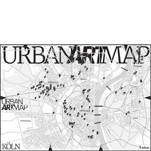 A city map of Cologne in black and white with many markings on it.